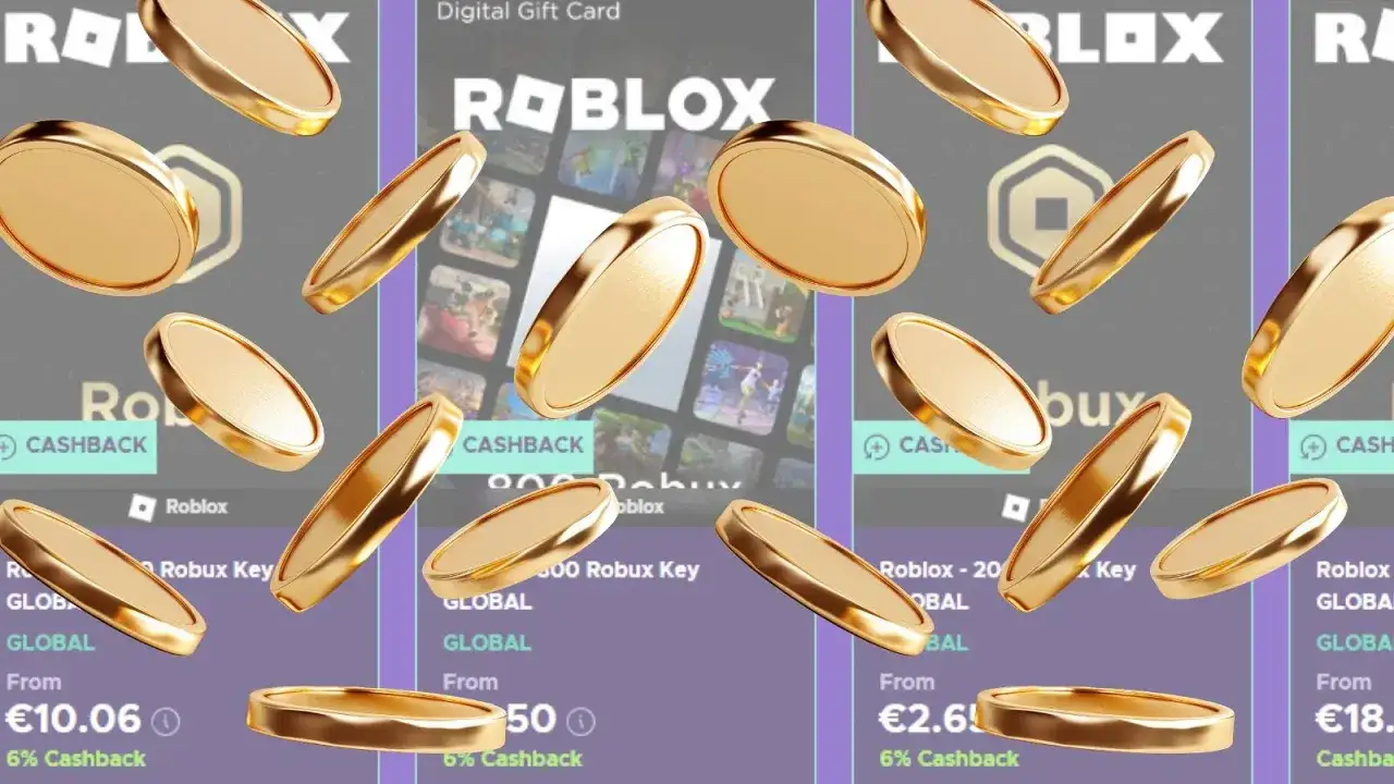 Złote monety spadają na tło z ofertami zakupu Robux. Dowiedz się, jak kupić Robux i zdobyć cashback!