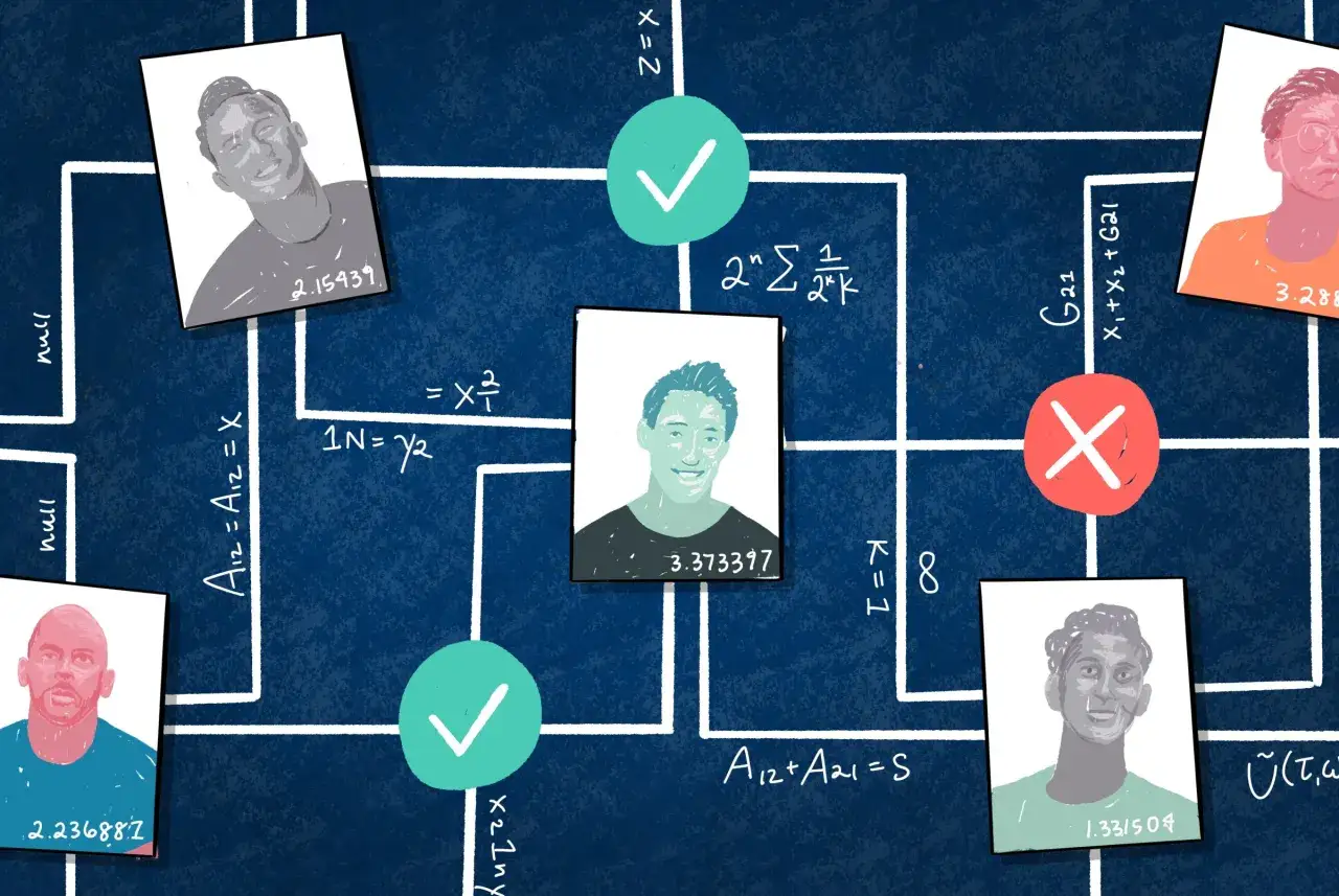 Schemat przypomina, jak działa Tinder: profile z cyframi, zielone i czerwone kółka (lubię/nie lubię) oraz matematyczne wzory.