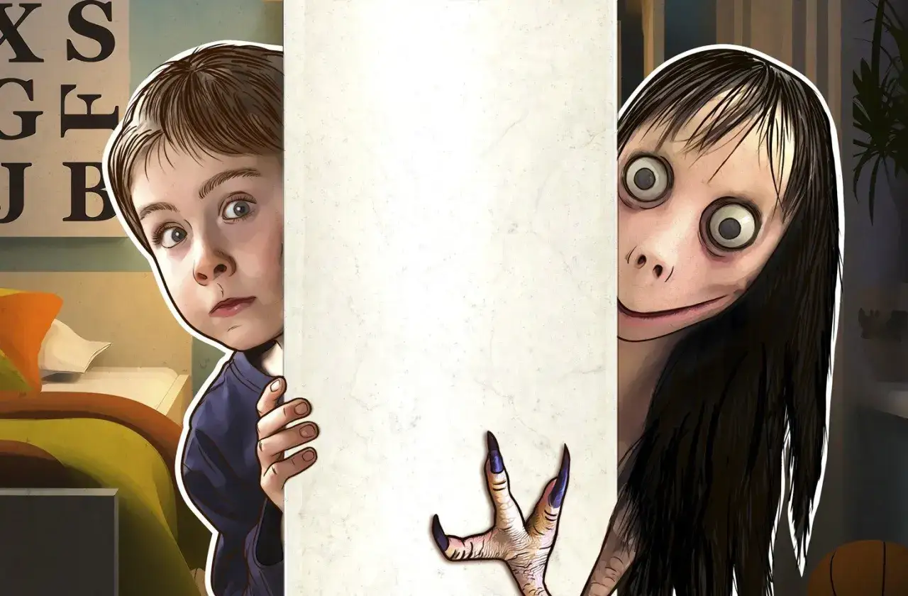 Chłopiec z przerażeniem patrzy zza tablicy, podczas gdy przerażająca postać z Momo Challenge wychyla się z drugiej strony.