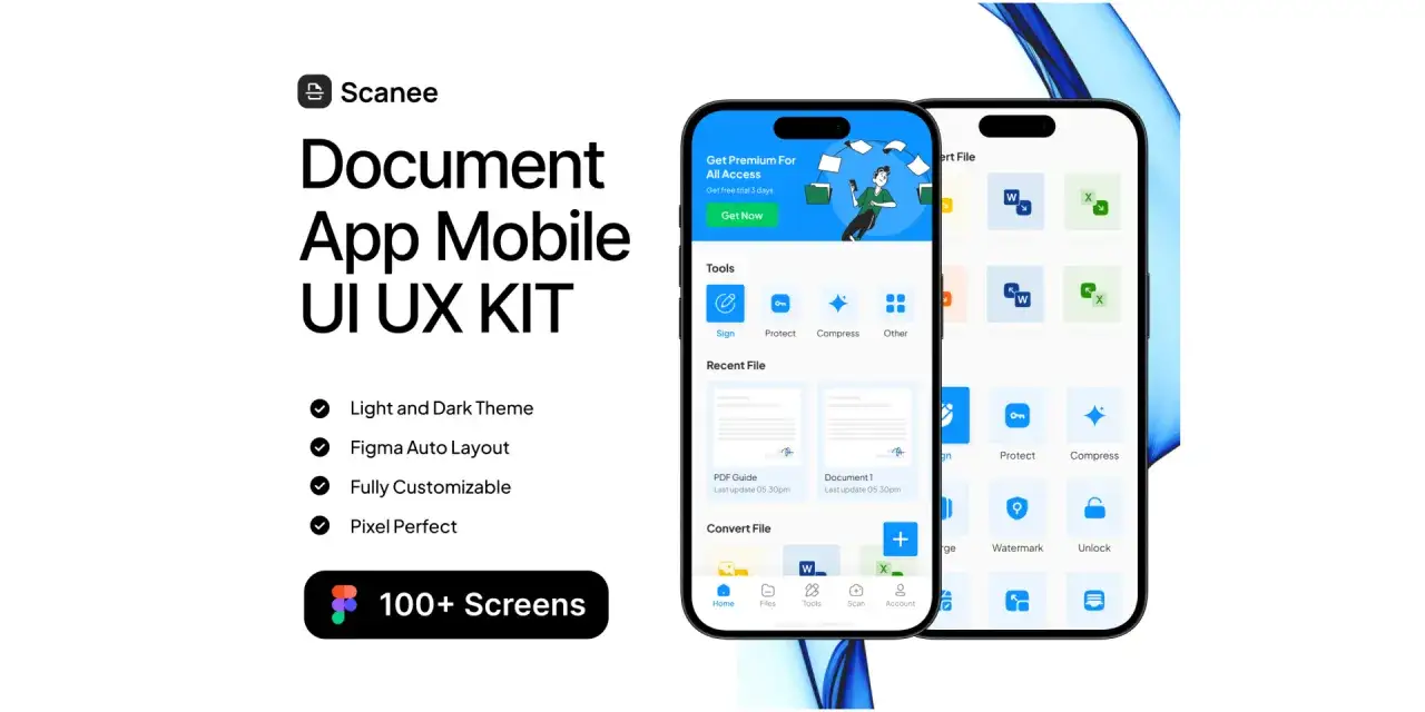 Zestaw UI/UX aplikacji do dokumentów, inspirowany Microsoft Lens. Zawiera ponad 100 ekranów, motywy jasny i ciemny, auto-layout Figmy.