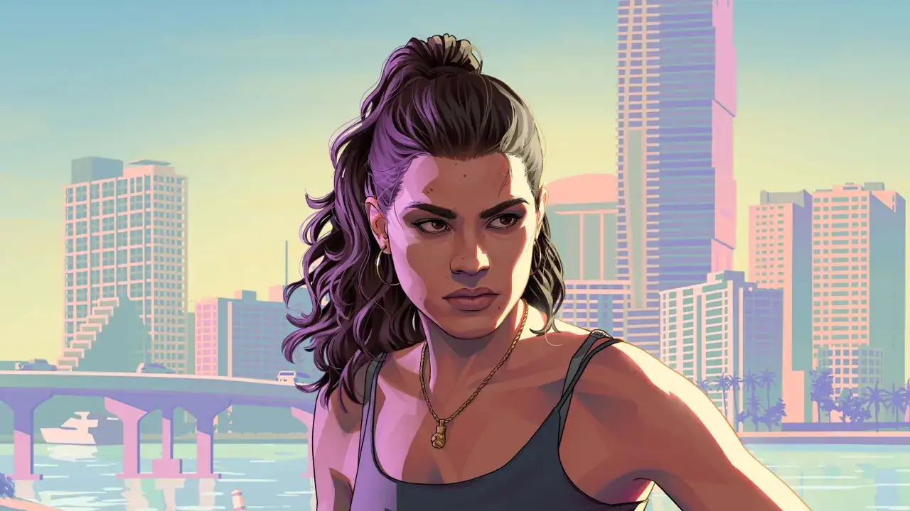 Lucia z GTA 6 na tle miasta w stylu retro.