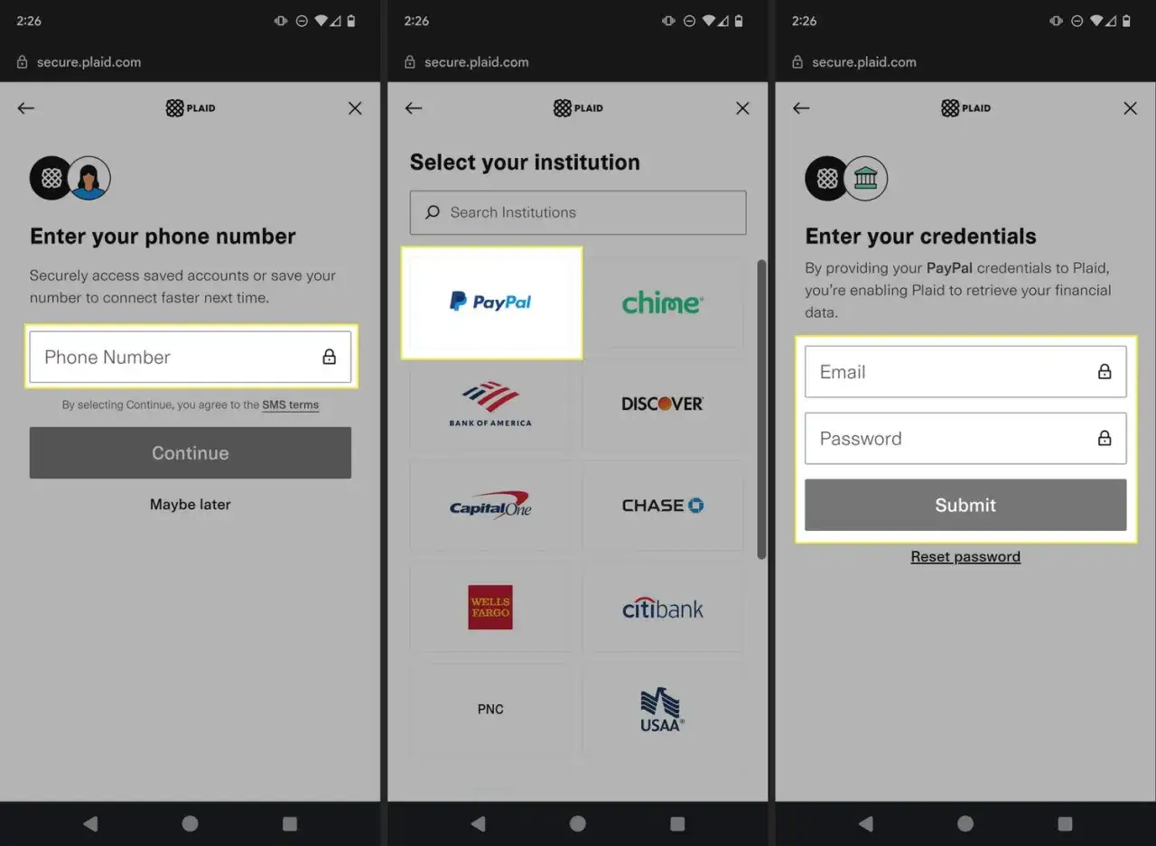 Ekran logowania do PayPal przez Plaid. Wybierz PayPal, wpisz dane logowania, aby płacić.