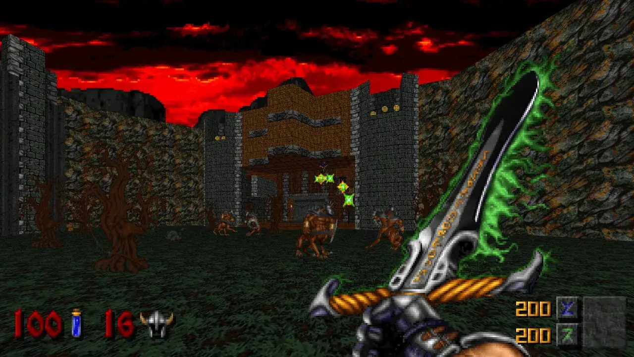 W grze Hexen gracz walczy z potworami, dzierżąc magiczny miecz. W tle widać mroczną fortecę i krwawe niebo.