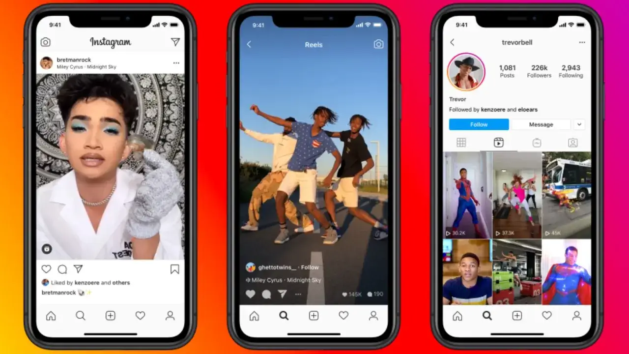 Trzy ekrany telefonu z Instagramem pokazują, jak pobrać film z Instagrama: profil z makijażem, rolki z tańczącymi chłopakami i profil użytkownika z różnymi filmami.