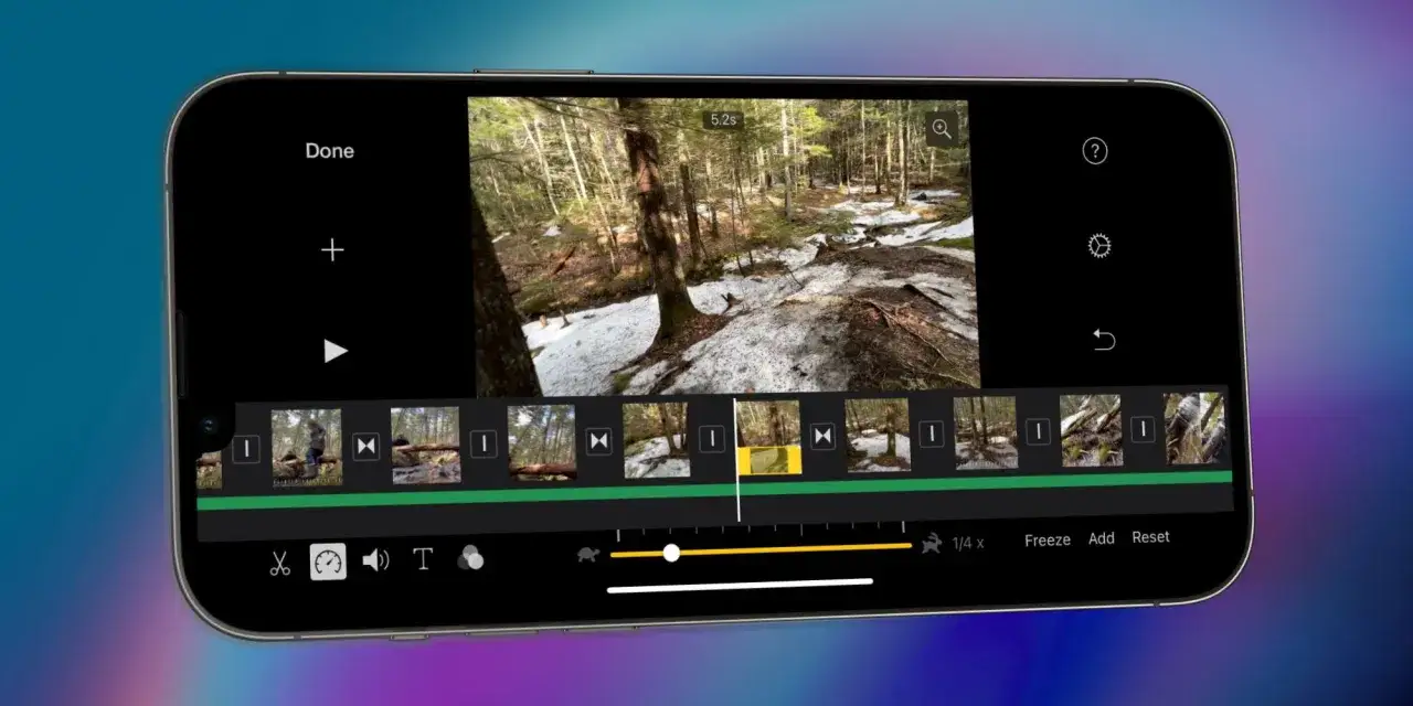 Edycja filmu w iMovie na iPhonie. Widok z lasu z resztkami śniegu na ścieżce.
