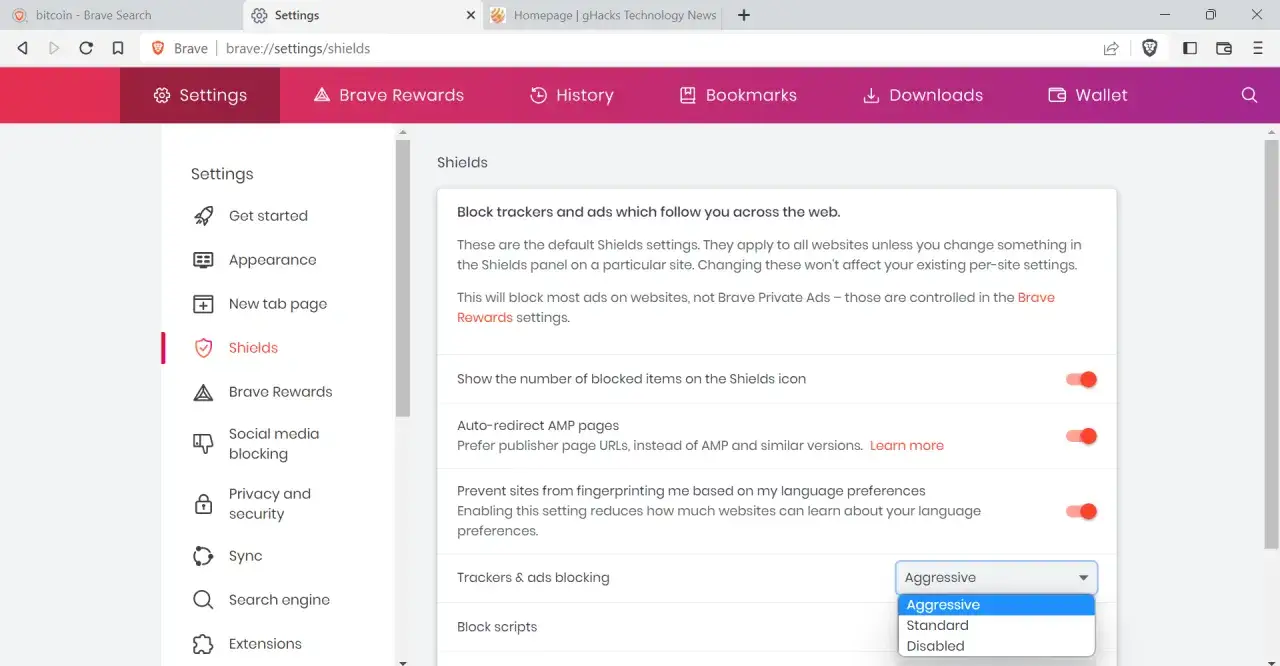 Ustawienia przeglądarki brave: blokowanie trackerów i reklam. Wybrano agresywny poziom ochrony.