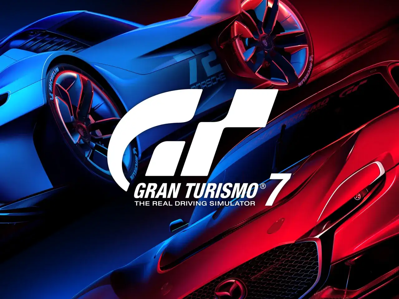 Dwa futurystyczne samochody, niebieski i czerwony, z logo Gran Turismo 7. Poczuj emocje wyścigów w Gran Turismo 7.
