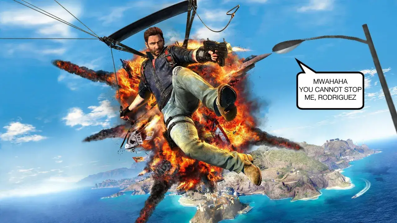 Rico Rodriguez z gry Just Cause 5 skacze na tle eksplozji, strzelając z pistoletu. W tle widać wyspę i morze.