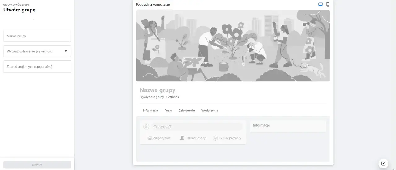 Ekran tworzenia grupy na FB: pole na nazwę grupy, wybór prywatności i zaproszenie znajomych. Jak utworzyć grupę na fb?