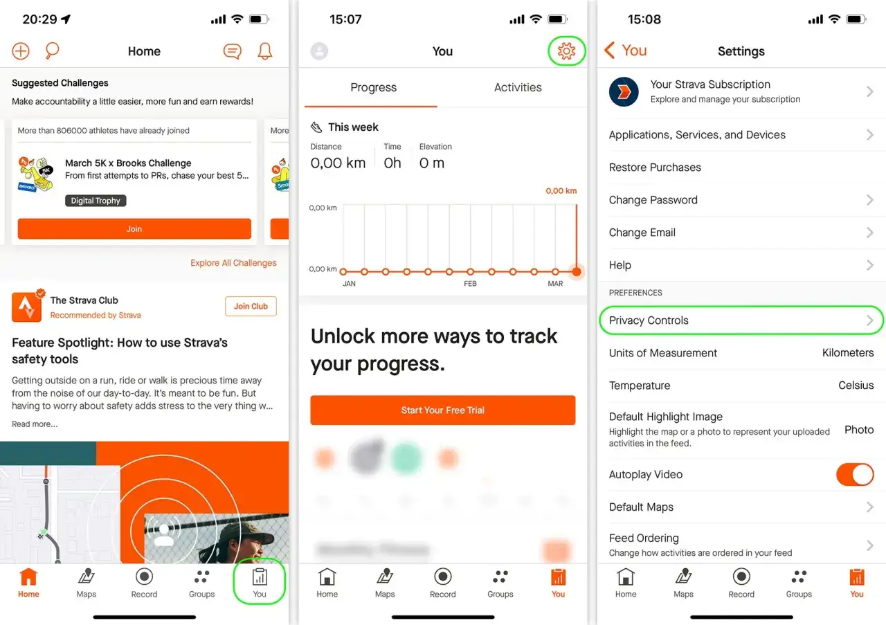 Widok aplikacji Strava po polsku. Użytkownik przegląda ustawienia, w tym opcję
