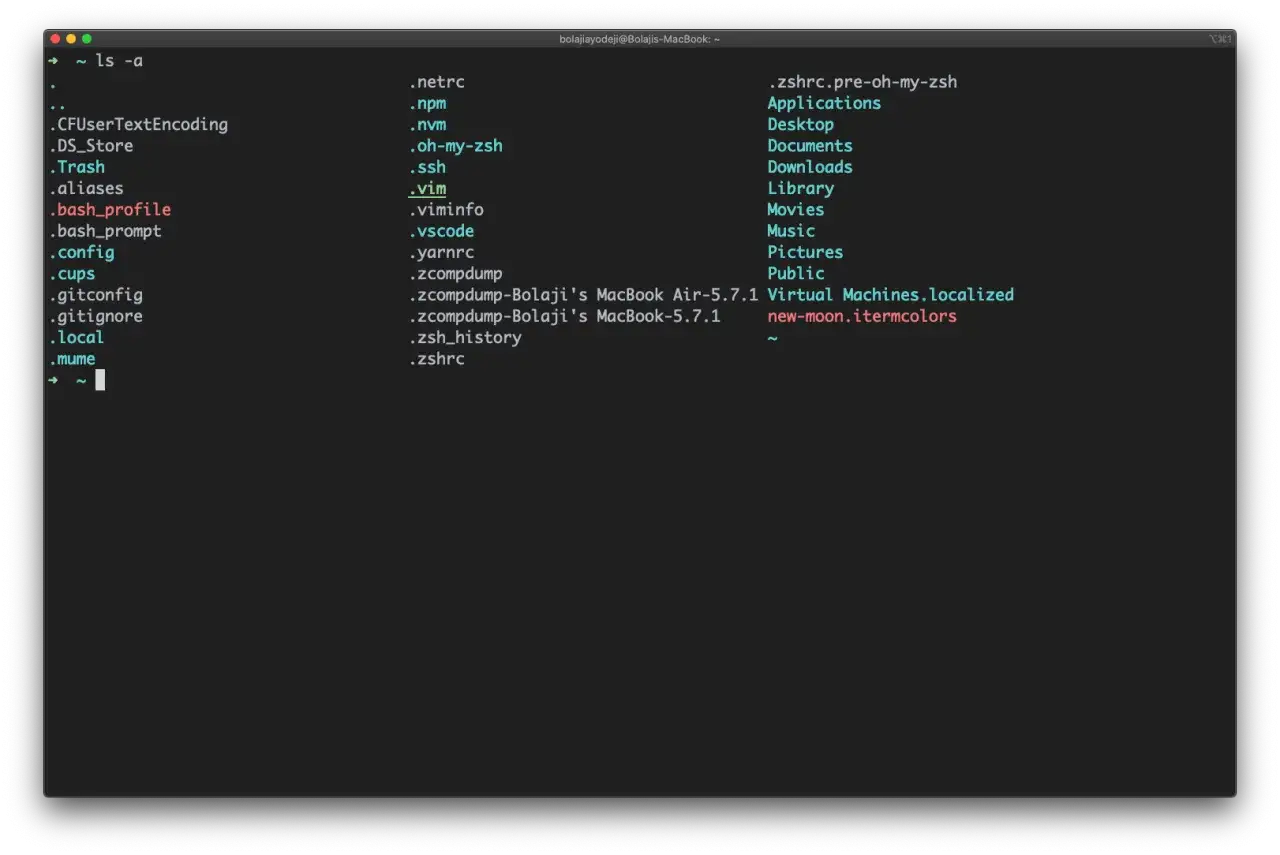 ls -a pokazuje pliki i foldery, w tym .bash_profile, .config, .vim, .zshrc i inne.