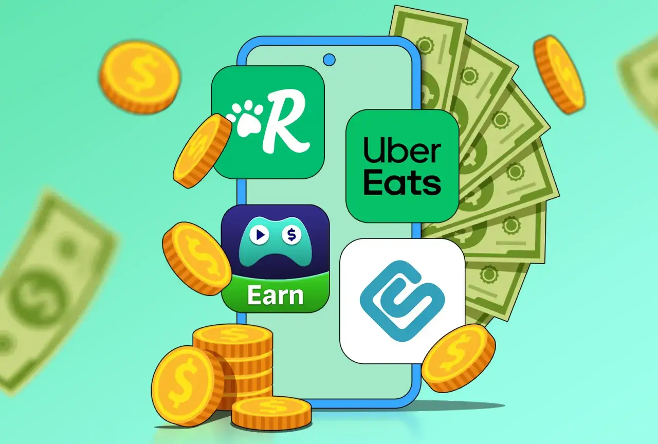 Aplikacje do zarabiania na telefonie: Uber Eats, gry i inne. Monety i banknoty symbolizują zyski.