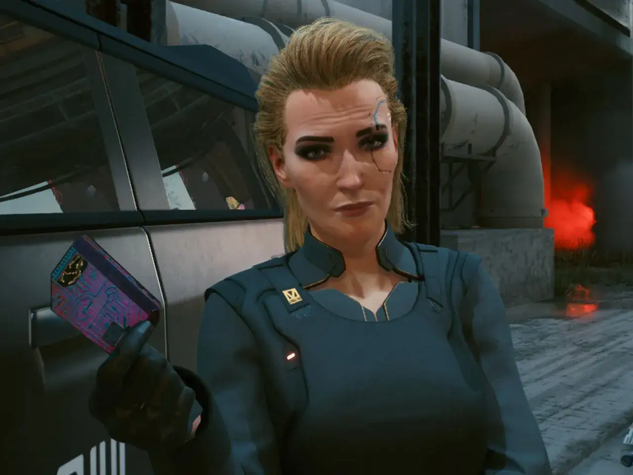 Meredith Stout trzyma kartę dostępu, gotowa na kolejną misję w Night City.