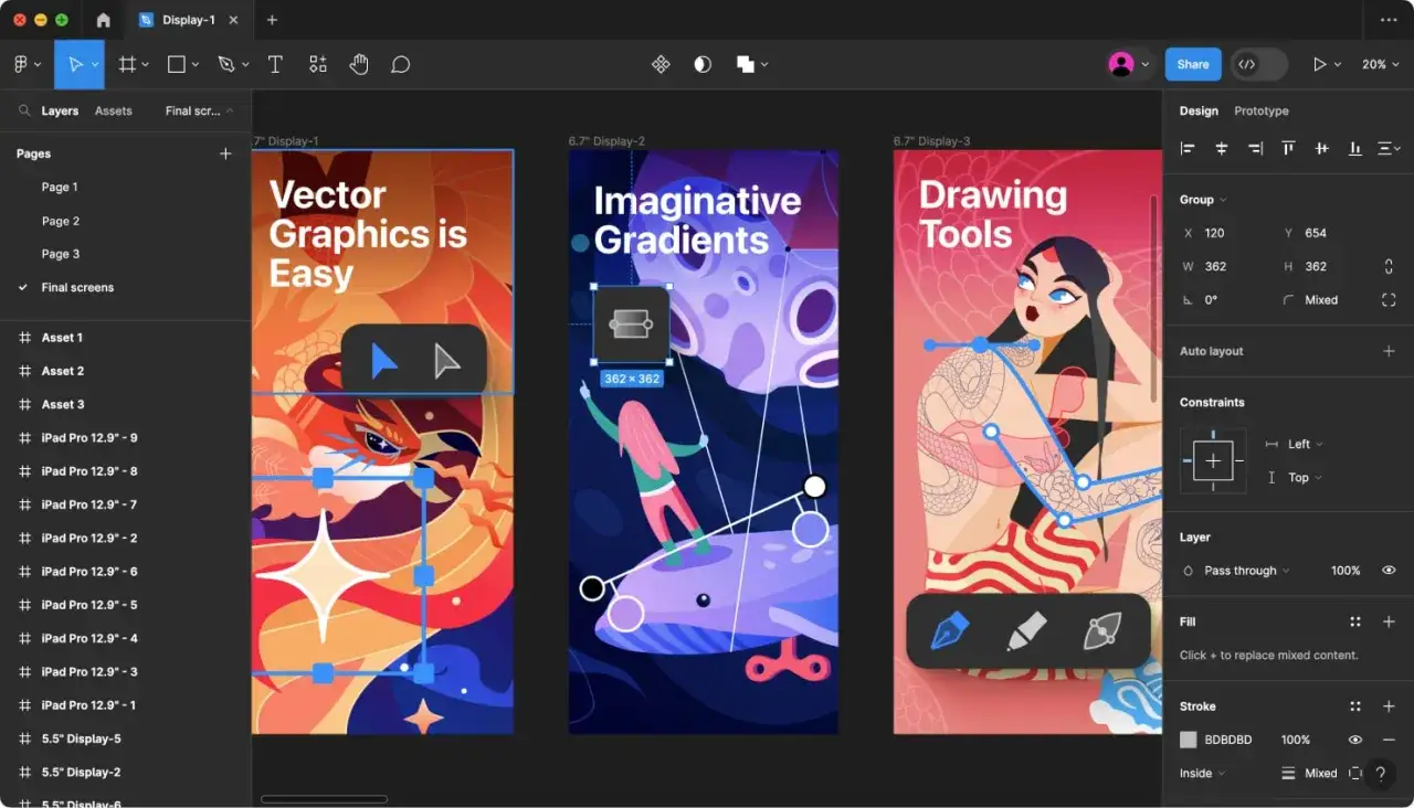 Grafika wektorowa w programach do projektowania, prezentująca trzy ekrany z ilustracjami: smoka, dziewczynę na wielorybie i kobietę z tatuażami.
