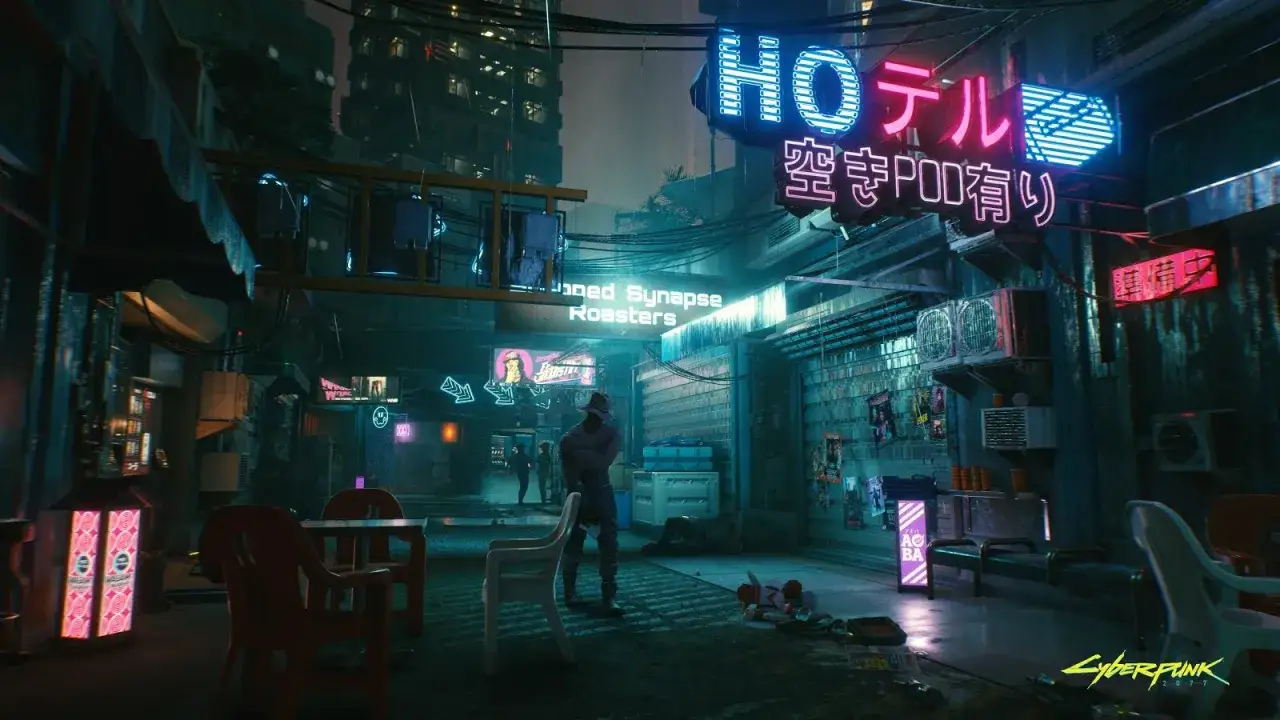 Mroczna uliczka w stylu cyberpunk, jak z gry z Dawidem Podsiadło. Neonowe szyldy, kable i klimatyczne budynki.