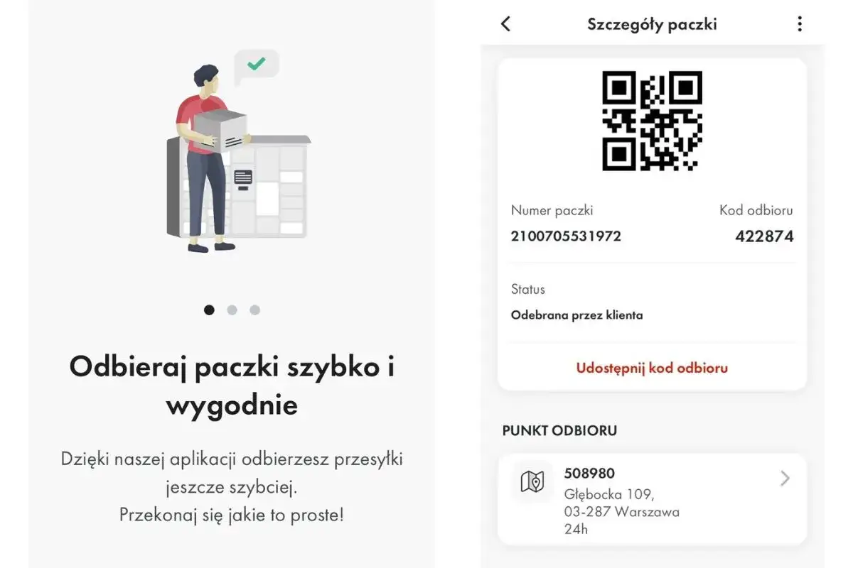 Aplikacja Orlen Paczka ułatwia odbiór przesyłek. Na ekranie szczegóły paczki z kodem QR i informacją o odbiorze.