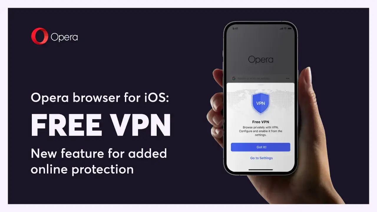 Przeglądarka Opera na iOS z darmowym VPN dla zwiększonej ochrony online. Ikona VPN na ekranie telefonu.