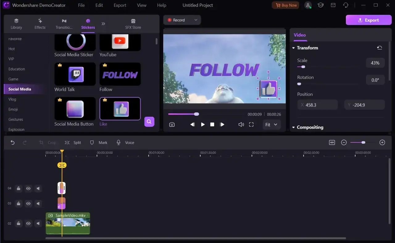 Nagrywanie ekranu w Wondershare DemoCreator. Dodaj naklejkę