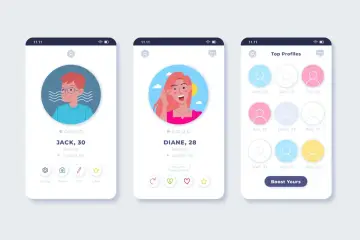 Aplikacja randkowa z profilami Jacka i Diany. Ekran "Top Profiles" sugeruje funkcje premium, jak w Tinder Plus.