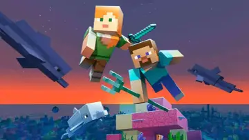 Steve i Alex z Minecrafta z delfinami i trójzębem. Sprawdź, czy Twój komputer spełnia **minecraft wymagania**!