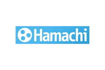 Logo Hamachi: biały napis na niebieskim tle, z symbolem trzech kółek obok nazwy.