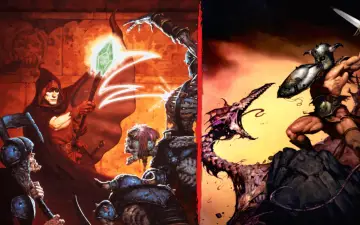 Mroczny mag rzuca zaklęcie, walcząc z nieumarłymi. Po drugiej stronie, barbarzyńca z tarczą i mieczem stawia czoła potworowi, jakby z opowieści o hexen.
