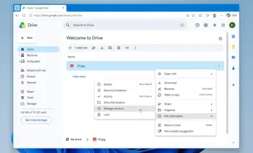 Zarządzanie wersjami pliku 01.jpg w Google Drive. To funkcja, która pomaga w tworzeniu kopii zapasowej Google.