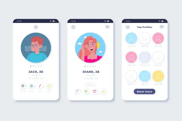 Aplikacja randkowa z profilami Jacka i Diany. Ekran "Top Profiles" sugeruje funkcje premium, jak w Tinder Plus.