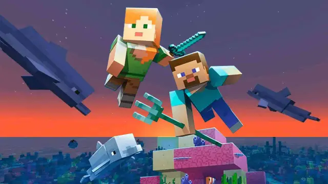 Steve i Alex z Minecrafta z delfinami i trójzębem. Sprawdź, czy Twój komputer spełnia **minecraft wymagania**!