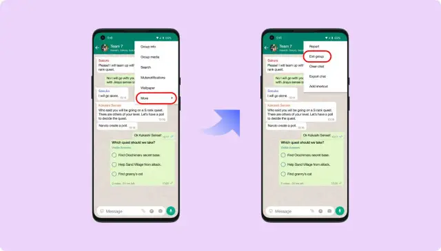 Jak usunąć wiadomość na WhatsApp: wybierz "Więcej", a następnie "Opuść grupę".