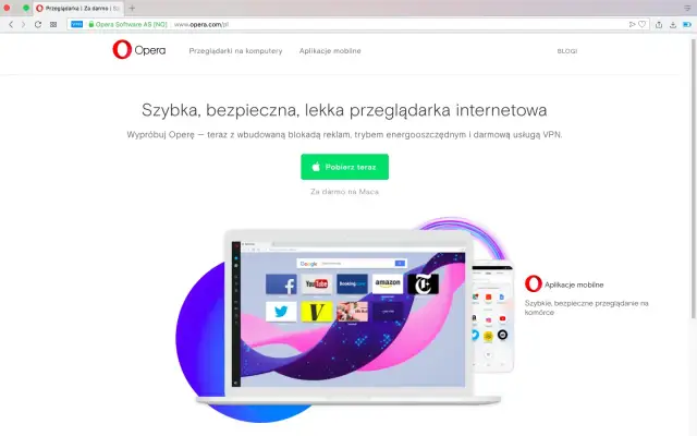 Szybka, bezpieczna przeglądarka Opera z darmowym VPN. Pobierz teraz i ciesz się bezpiecznym surfowaniem.