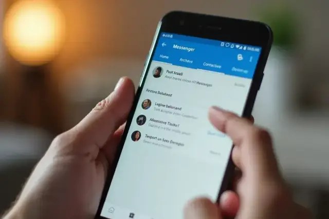 Dłoń przewija listę rozmów na Messengerze, szukając sposobu, jak usunąć wiadomości z messengera.